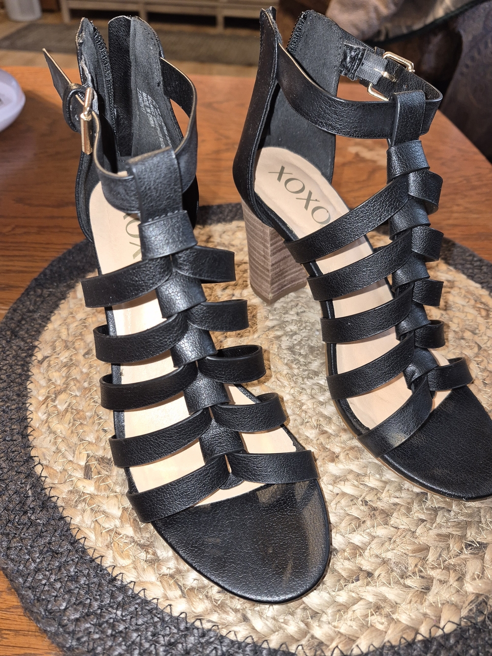 XOXO Black Strappy Block Heel Sandals with Ankle Buckle